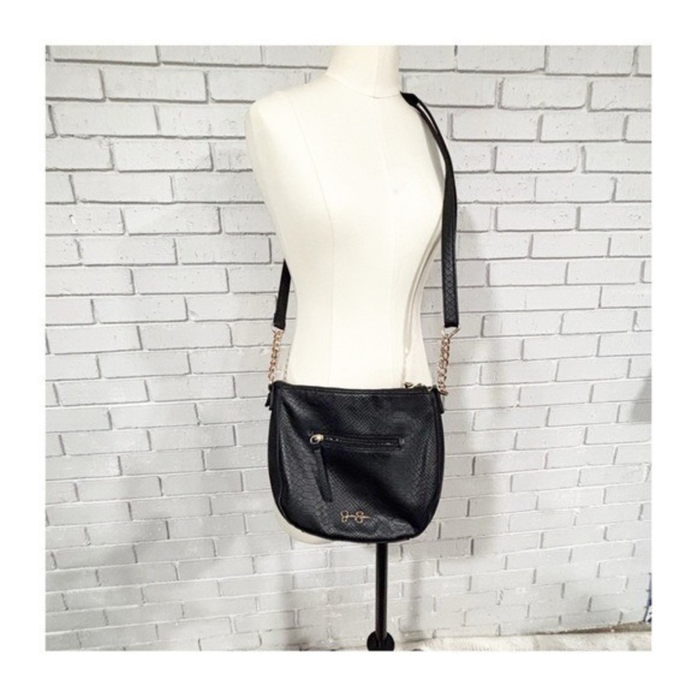 Jessica Simpson Black Snakeskin Crossbody Bag Gold Chain Statement Edgy